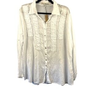 JP and Matti White Cotton Gauzy Button Front Ruffle Shirt Size XL Boho